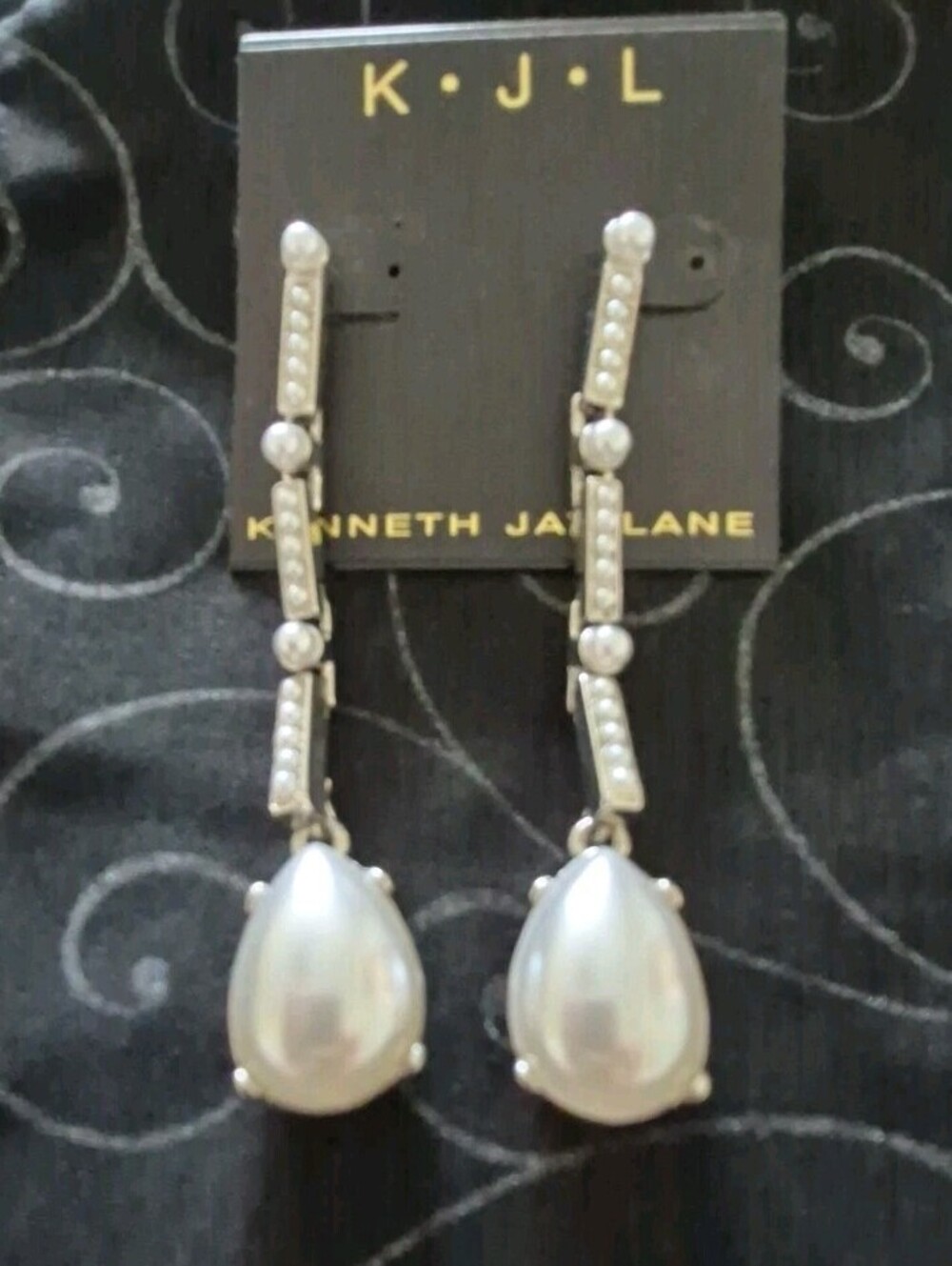 KJL Kenneth Jay Lane Silver Pave Crystal & Teardrop Pearl Drop Earrings -On Card